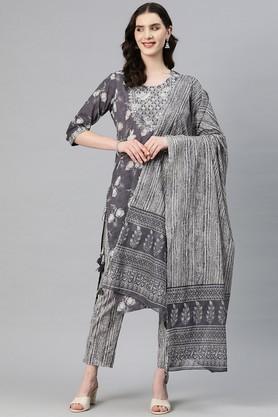printed-cotton-regular-fit-women's-kurta-set---grey