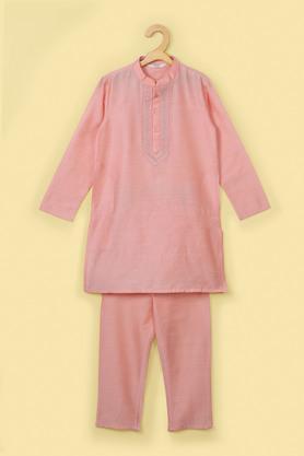 printed-poly-blend-mandarin-collar-boy's-kurta-pyjama-set---pink