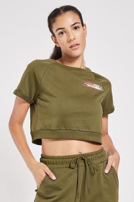 printed-regular-fit-cotton-women's-active-wear-t-shirt---olive