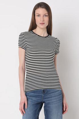 stripes-viscose-round-neck-women's-t-shirt---black