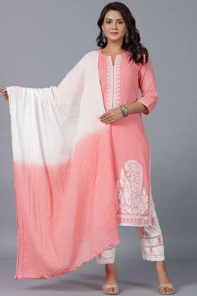 embroidered-calf-length-cotton-woven-women's-kurta-pant-dupatta-set---peach