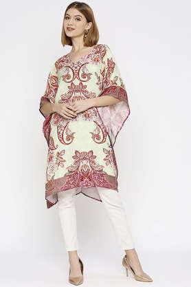 floral-v-neck-linen-women's-kurta---mint