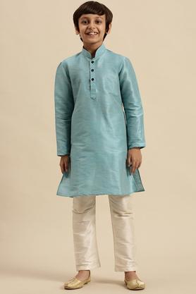 solid-art-silk-regular-fit-boy's-kurta-pyjama-set---blue