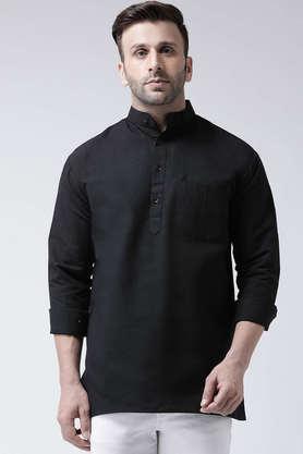 solid-cotton-blend-full-sleeves-men's-short-kurta---black