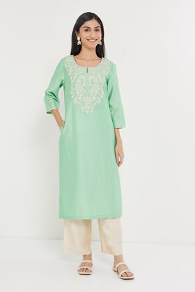solid-blended-round-neck-women's-kurti---green