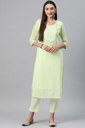 embroidered-cotton-regular-fit-women's-kurta-set---sea-green