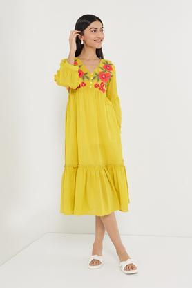 solid-linen-round-neck-women's-kurti---yellow