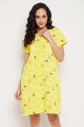 butterfly-print-button-me-up-short-night-dress-in-yellow---cotton---yellow