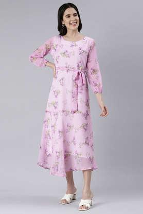 printed-round-neck-chiffon-women's-dress---lavender