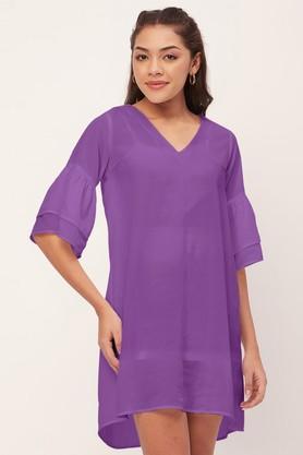 solid-georgette-v-neck-women's-mini-dress---purple