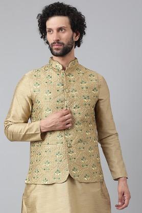 embroidered-polyester-blend-regular-fit-mens-nehru-jacket---khaki