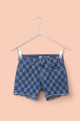 printed-cotton-stretch-regular-fit-girl's-shorts---indigo
