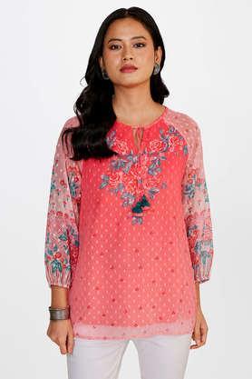 floral-polyester-round-neck-women's-top---coral