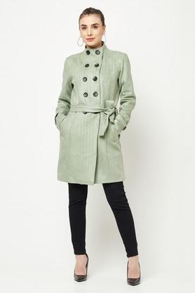 stripes-polyester-round-neck-womens-over-coat---green