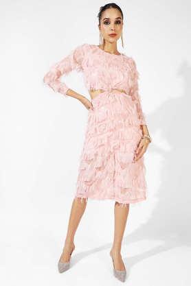 solid-polyester-crew-neck-women's-co-ord-set---pink