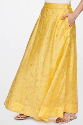 embroidered-viscose-flared-fit-women's-skirt---mustard