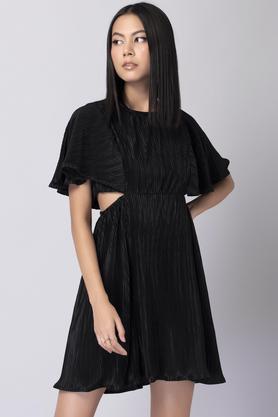 solid-polyester-round-neck-women's-mini-dress---black
