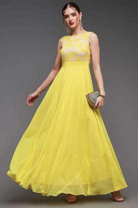 solid-polyester-round-neck-women's-maxi-dress---yellow