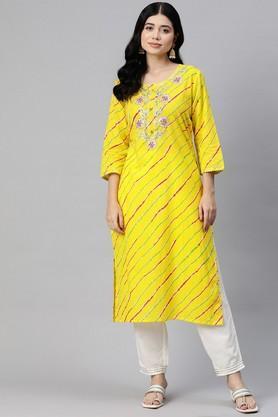 printed-cotton-round-neck-women's-kurti---yellow