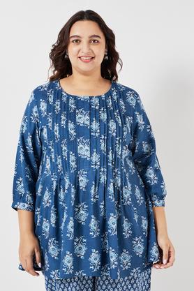 plus-size-printed-rayon-round-neck-women's-casual-wear-kurti---indigo
