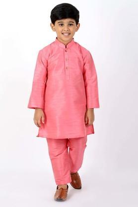 solid-silk-blend-mandarin-boys-kurta-pyjama-set---pink