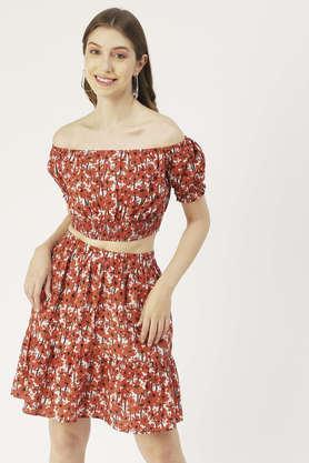 printed-summer-2-pcs-set-for-women-off-shoulder-crop-top---mini-skirt-coord-set---orange