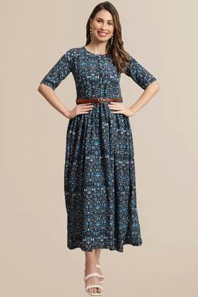 printed-rayon-round-neck-women's-gown---dark-blue