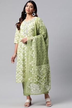 printed-cotton-regular-fit-women's-kurta-set---green