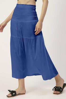 women's-solid-viscose-rayon-casual-skirt-high-waist-smocked-midi-skirt---blue