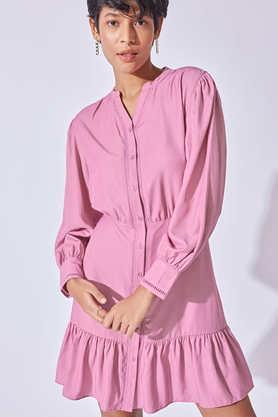 solid-polyester-v-neck-women's-mini-dress---pink