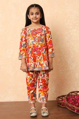 floral-cotton-regular-fit-girls-kurta-set---orange