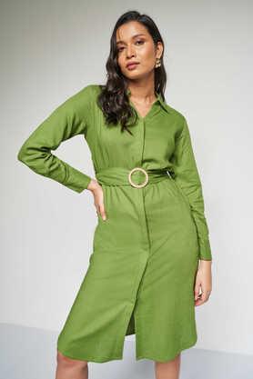 solid-round-neck-linen-women's-midi-dress---green