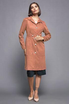 women's-shirt-collar-full-sleeves-solid-button-down-longline-polyester-jacket---peach