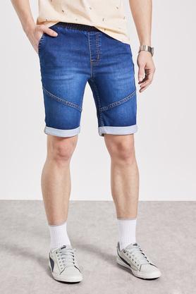 solid-cotton-blend-elastic-and-drawstring-men's-shorts---indigo