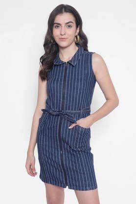 stripes-collar-neck-cotton-blend-women's-mini-dress---blue