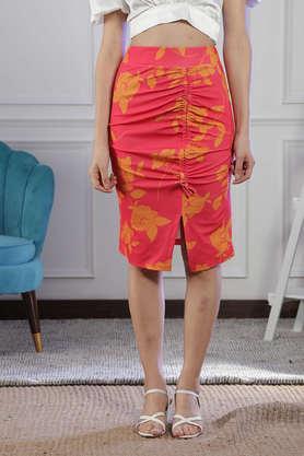 printed-polyester-lycra-rauched-women's-pencil-skirt---orange