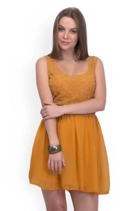 textured-georgette-round-neck-women's-mini-dress---mustard