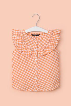 checks-cotton-round-neck-girl's-top---orange