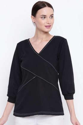 solid-blended-v-neck-women's-sweatshirt---black