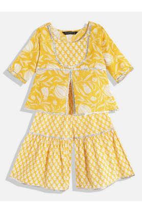 floral-cotton-round-neck-girls-kurta-with-sharara---yellow