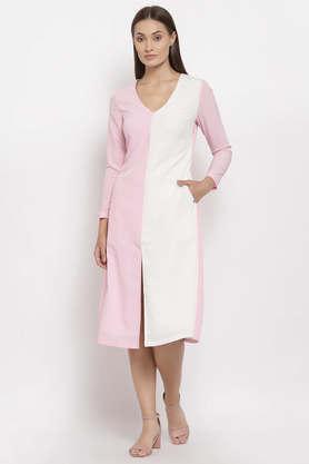 solid-polyester-v-neck-women's-knee-length-dress---rose-pink