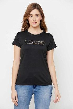 printed-cotton-blend-round-neck-women's-t-shirt---black