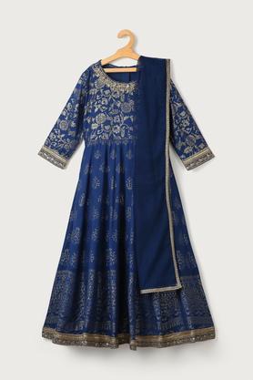 printed-silk-regular-fit-girls-kurta-dupatta-set---blue