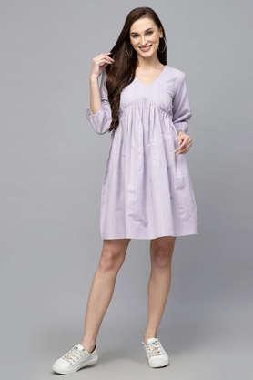 printed-cotton-blend-v-neck-women's-ethnic-dress---lavender