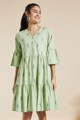printed-round-neck-cotton-blend-women's-midi-dress---mint