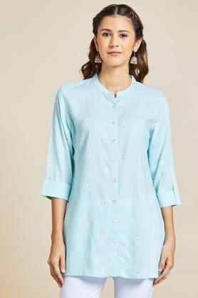 printed-rayon-round-neck-women's-casual-wear-tunic---ice-blue