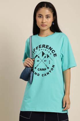 typographic-cotton-round-neck-women's-oversized-t-shirt---turquoise