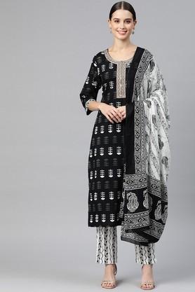 printed-cotton-regular-fit-women's-kurta-set---black
