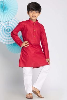 solid-cotton-blend-mandarin-boys-kurta-pyjama-set---maroon