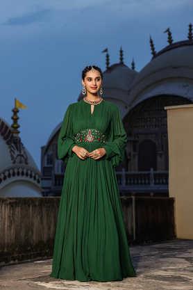 embellished-tie-up-neck�-georgette-women's-gown---green